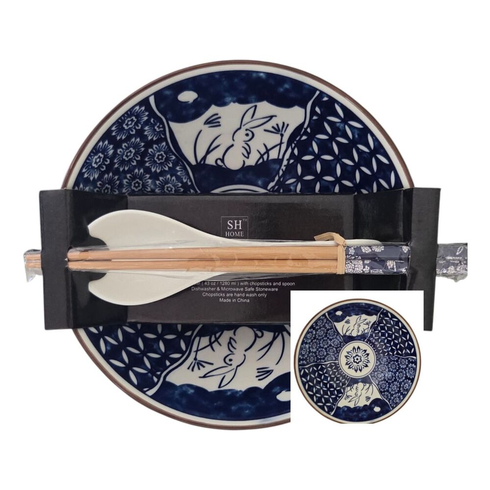 SH Home Bunnies Floral Ceramic Ramen Noodle Bowl With Chopstick‎ And Spoon Blue